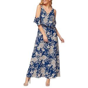 Dex NWT Cold Shoulder V-Neck Blue and White Floral Long Length Dress Sz XS
